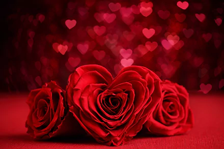 HD desktop wallpaper featuring a romantic scene with a heart-shaped red rose, red flowers, and a bokeh background, embodying the essence of Valentine's Day and holiday romance.