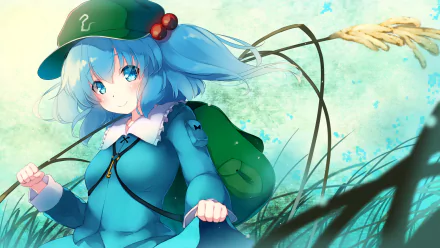 HD anime desktop wallpaper featuring Nitori Kawashiro from Touhou, depicted with blue hair, a green backpack, and a fishing rod against a soft, nature-inspired background.