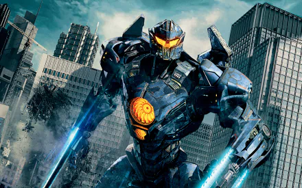 HD desktop wallpaper featuring a giant robot from the movie Pacific Rim: Uprising, standing amidst skyscrapers with glowing blue accents.