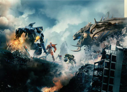 HD wallpaper of the movie Pacific Rim: Uprising featuring a dramatic scene with massive robots battling monstrous creatures amidst a city in ruins, under a cloudy sky.