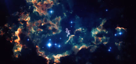 Original anime HD PC desktop wallpaper showing a lone anime-style astronaut drifting through glowing blue stars and orange-green nebula clouds against a deep space backdrop.