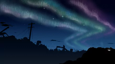 Anime-style HD PC desktop wallpaper featuring a vibrant, colorful aurora lighting up a dark night sky above silhouetted buildings and power lines.