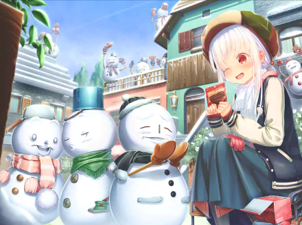HD anime wallpaper featuring an original character with long white hair, surrounded by snowmen in a cheerful, snowy village setting. The character is happily eating a treat, creating a whimsical winter scene.