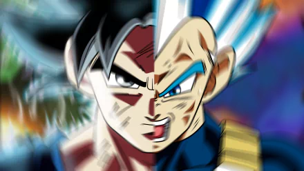 HD desktop wallpaper featuring a dynamic split-image of Goku and Vegeta from Dragon Ball Super, blending their powerful expressions and intense energy backgrounds.