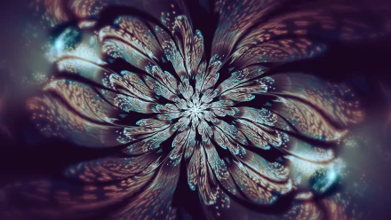 Abstract fractal flower with intricate, layered petals in dark, moody tones, rendered in high definition as a visually striking PC desktop wallpaper and background.