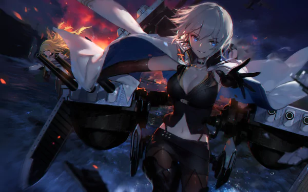 HD desktop wallpaper of North Carolina and Washington from Azur Lane. The image portrays a dramatic, action-filled scene with anime characters in a dynamic, intense setting.