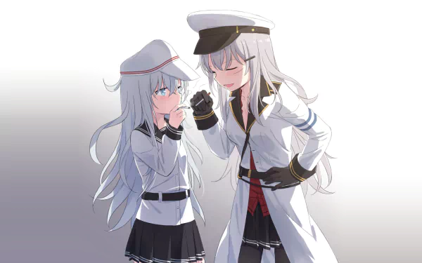 Anime-style HD desktop wallpaper featuring Gangut and Hibiki from Kantai Collection, showcasing two characters in naval-inspired outfits against a simple gradient background.