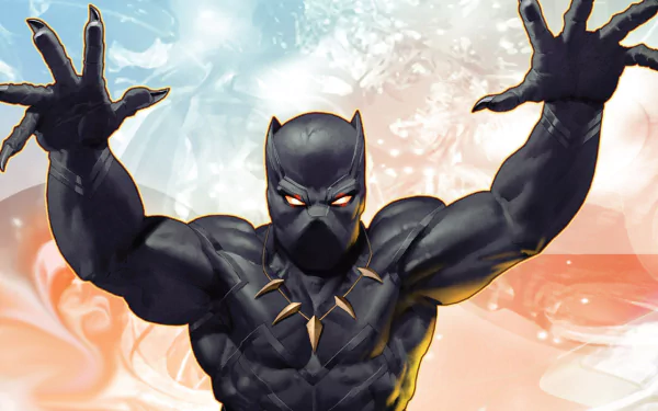 HD PC desktop wallpaper of Marvel Comics' Black Panther in dynamic pose against a smoky, vibrant background.