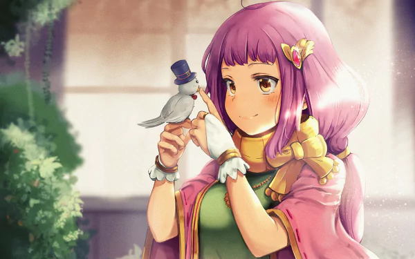 HD PC desktop wallpaper featuring a vibrant anime-style character with pink hair and a butterfly hairpin, from the video game Seiken Manifestia, holding a small white bird.