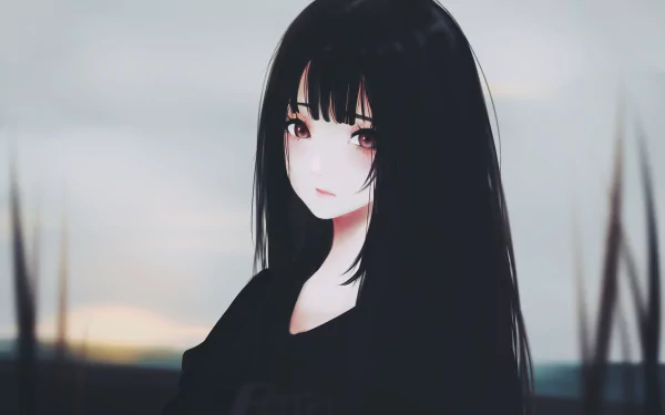 HD desktop wallpaper featuring an original anime character with long black hair and expressive eyes, set against a serene, blurred background.