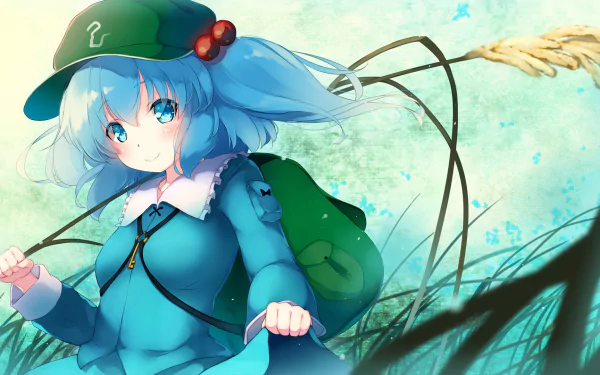 HD anime desktop wallpaper featuring Nitori Kawashiro from Touhou, depicted with blue hair, a green backpack, and a fishing rod against a soft, nature-inspired background.