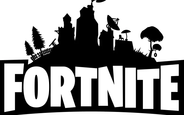 HD desktop wallpaper and background featuring the Fortnite logo in black and white, showcasing iconic in-game silhouettes.