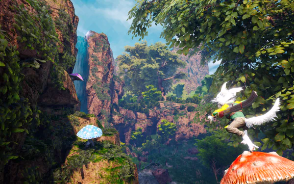 Biomutant video game 4K Ultra HD PC desktop wallpaper: vibrant canyon with oversized mushrooms, dense foliage and a winged creature soaring above a lush valley.