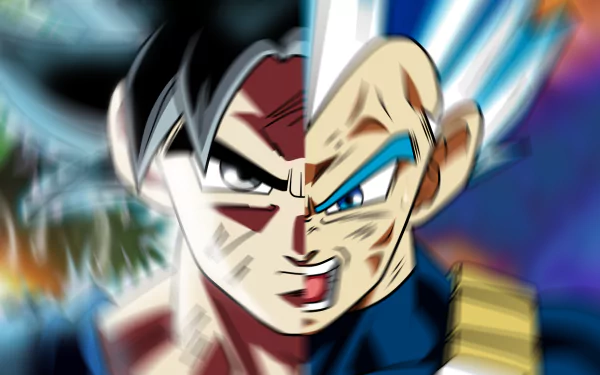 HD desktop wallpaper featuring a dynamic split-image of Goku and Vegeta from Dragon Ball Super, blending their powerful expressions and intense energy backgrounds.