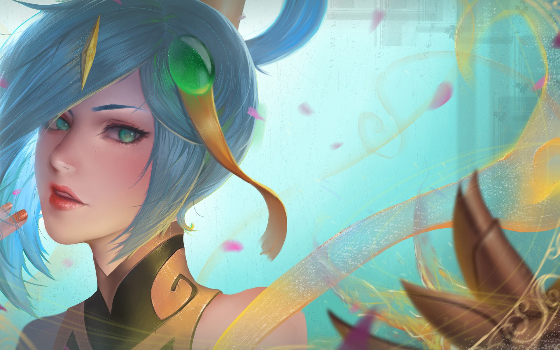 HD PC desktop wallpaper featuring Lux from Demacia in League of Legends, showcasing her with glowing green eyes and a serene, magical blue background.