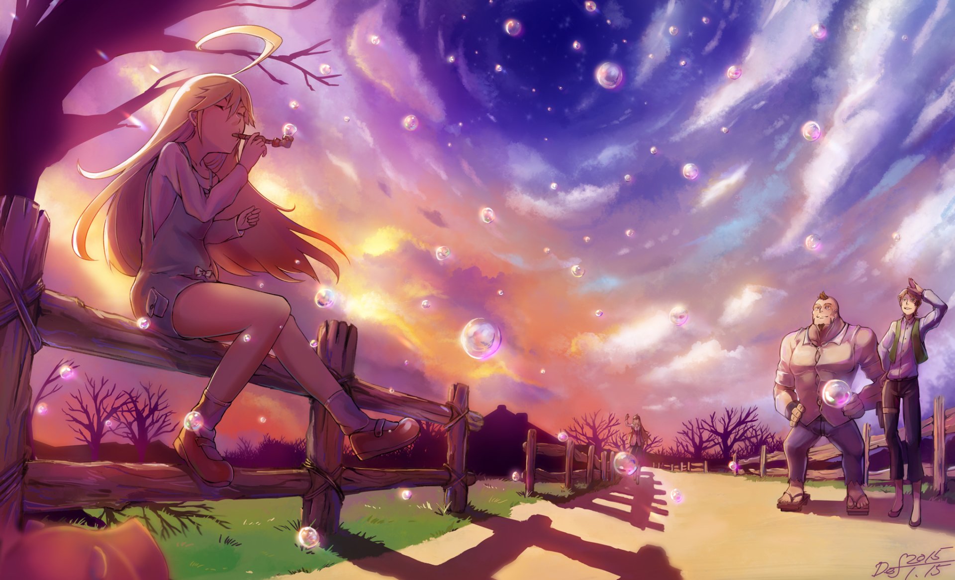 HD anime desktop wallpaper depicting a serene spring night with a girl sitting on a fence, bubbles floating, and two characters standing under a vibrant, starry sky.