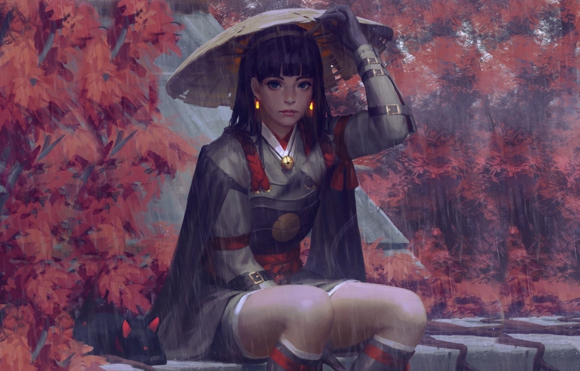 A fantasy-themed HD wallpaper depicts a woman with blue eyes and purple hair, wearing an oriental straw hat. She sits amid vibrant autumn foliage, holding the hat to shield herself from the rain.