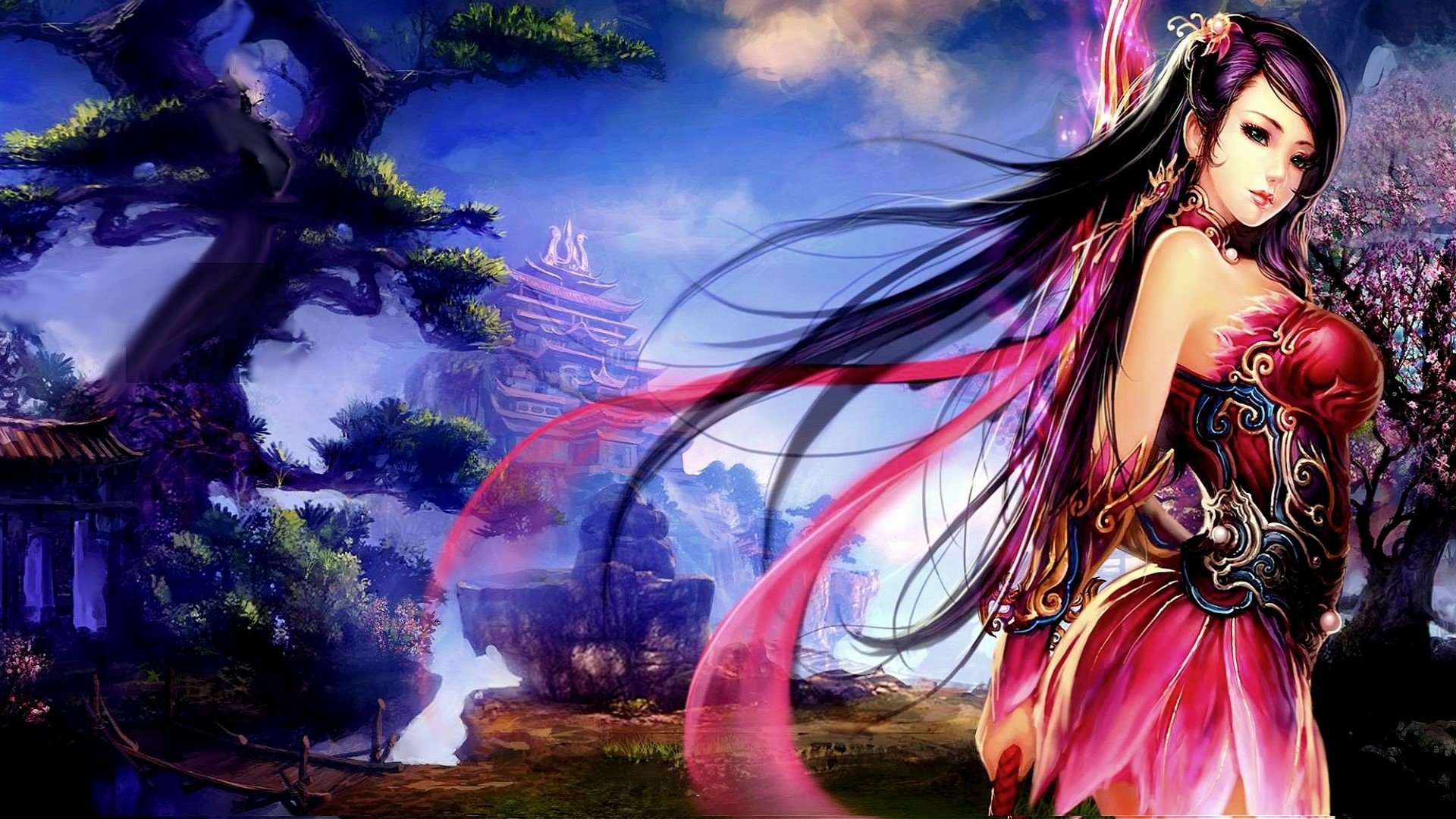 Fantasy HD PC wallpaper featuring an Asian woman with long flowing hair in vibrant, intricate attire against a mystical landscape with a distant temple.