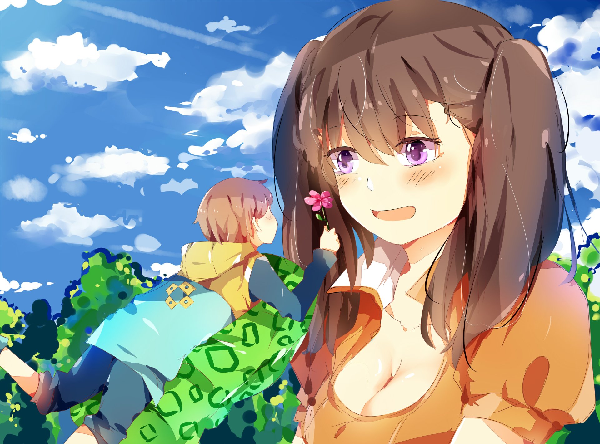 HD desktop wallpaper featuring Diane with giant, purple eyes and brown hair, smiling and blushing, holding a flower, with King in the background against a bright, cloud-filled sky from The Seven Deadly Sins anime.