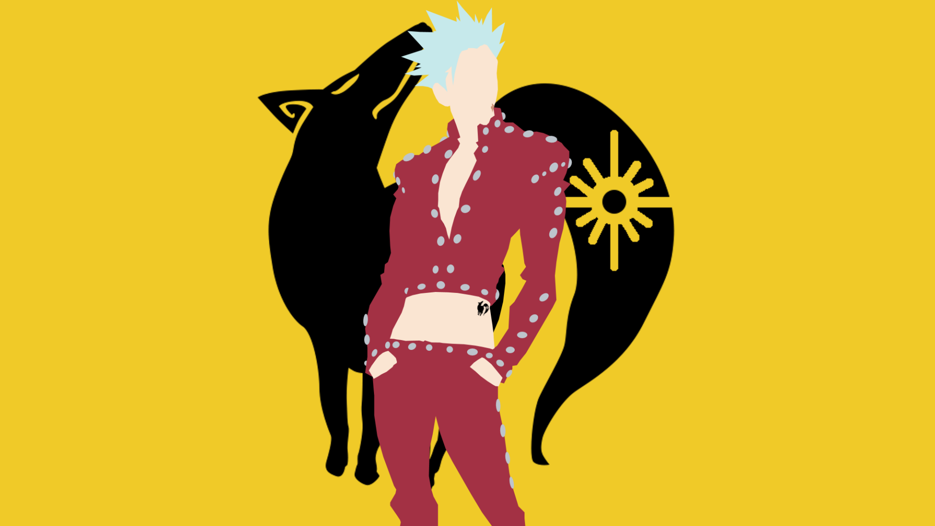 HD desktop wallpaper of Ban from The Seven Deadly Sins anime, featuring a minimalist design with Ban's grey hair, red studded outfit, and tattoo, set against a yellow background with a black wolf silhouette.