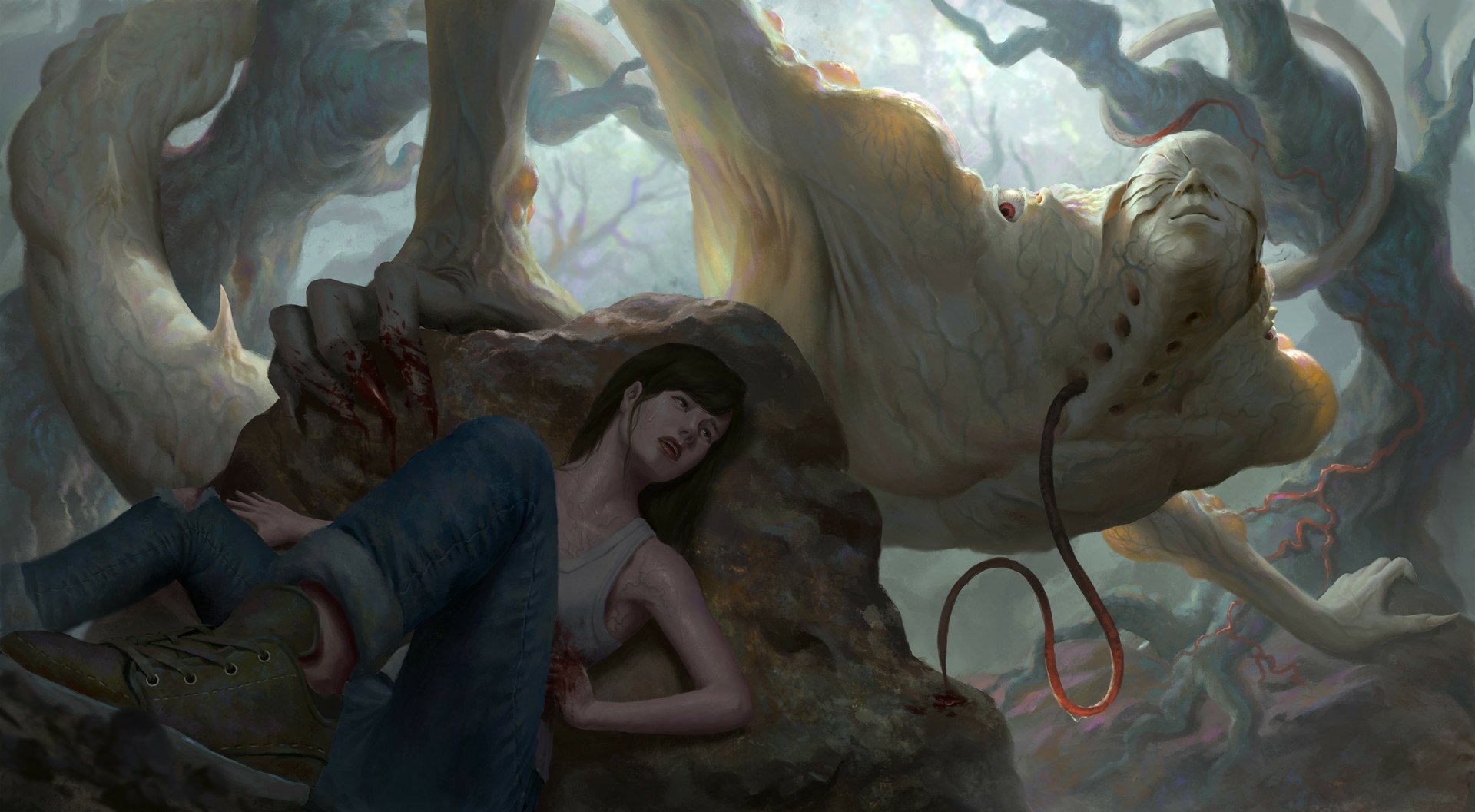 HD PC desktop wallpaper featuring a dark, eerie forest scene with a mysterious creature looming over a resting figure amidst twisted trees and mist.