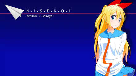 HD desktop wallpaper of Chitoge Kirisaki (Nisekoi): blonde long hair, blue eyes, wearing a sailor school uniform at right on a deep blue background with a paper airplane motif.