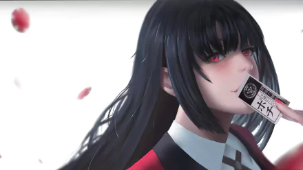 HD anime desktop wallpaper featuring Yumeko Jabami from Kakegurui with striking red eyes and long black hair, holding a card close to her mouth.
