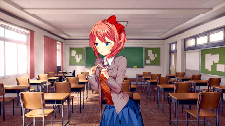 HD desktop wallpaper featuring Sayori from the video game Doki Doki Literature Club! with pink hair, standing in a classroom setting.