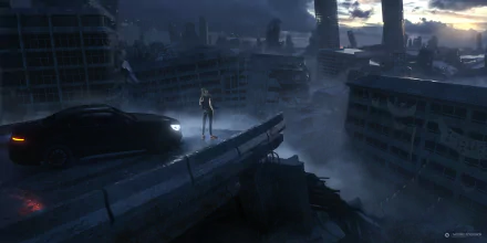 A lone figure stands next to a car on a broken highway overlooking a rain-soaked, dark sci-fi post-apocalyptic cityscape under a moody sky.