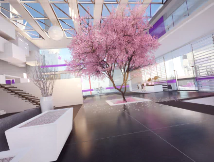 HD PC desktop wallpaper showcasing a bright, modern interior with a blooming pink tree, inspired by the video game Mirror's Edge Catalyst.
