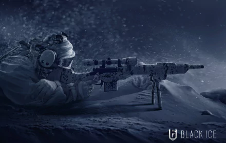 A high-definition desktop wallpaper from Tom Clancy's Rainbow Six: Siege, featuring a soldier in snow camouflage aiming a sniper rifle, with the Black Ice DLC logo in the corner.