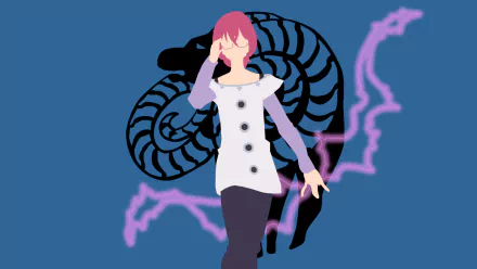 Minimalist HD desktop wallpaper of Gowther from The Seven Deadly Sins, featuring pink hair and glasses against a blue background with a stylized ram and electric sparks.