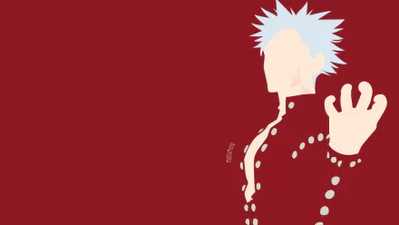 Minimalist HD desktop wallpaper featuring Ban from The Seven Deadly Sins anime with white hair and a scar, set against a rich red background.