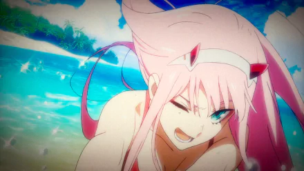 Anime character Zero Two from Darling in the FranXX smiling energetically against a vibrant beach background. HD wallpaper.