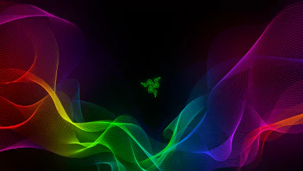 HD desktop wallpaper featuring the Razer logo centered on a black background with vibrant, flowing RGB waves emanating from the lower edges.