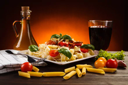 A 4K Ultra HD still life of a pasta meal garnished with basil and cherry tomatoes, accompanied by a glass of red wine and a bottle of olive oil on a wooden table.