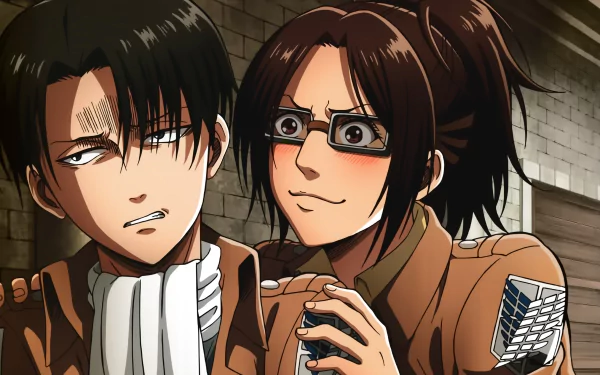 HD wallpaper featuring anime characters Hange Zoë and Levi Ackerman from Attack on Titan, with Hange smiling mischievously, and Levi displaying a serious expression against a dimly lit, stone background.