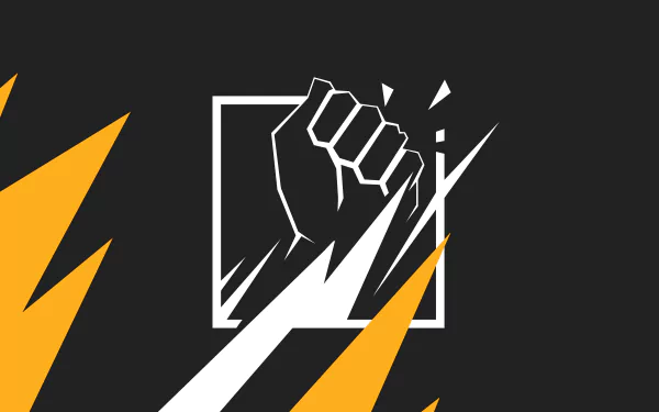 Minimalist 8K Ultra HD PC wallpaper of Finka (Tom Clancy's Rainbow Six: Siege): white clenched fist breaking a frame with bold yellow slashes on a dark background.