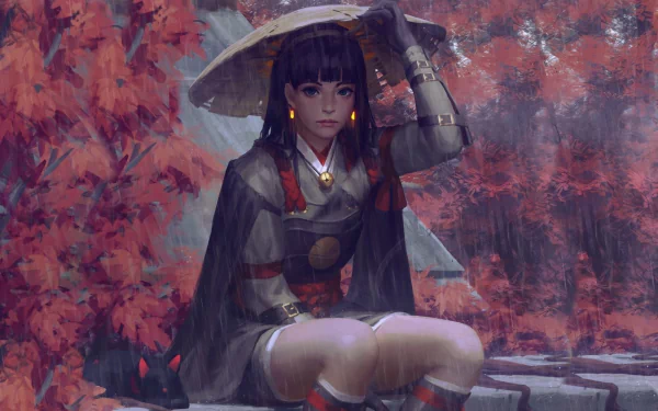 A fantasy-themed HD wallpaper depicts a woman with blue eyes and purple hair, wearing an oriental straw hat. She sits amid vibrant autumn foliage, holding the hat to shield herself from the rain.