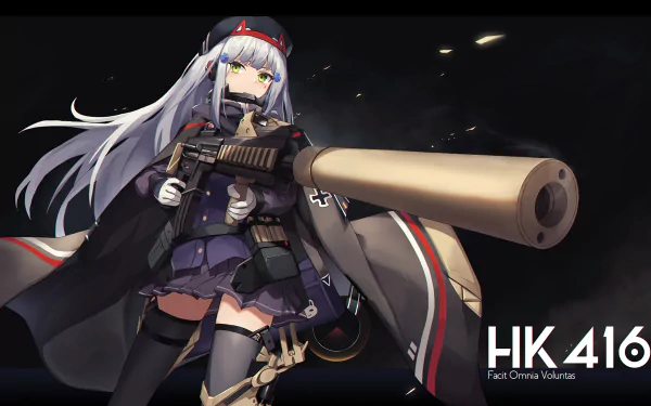 HD desktop wallpaper featuring HK416 from the video game Girls Frontline, showcasing the character wielding a weapon and standing confidently with a dark background and stylish attire.
