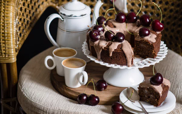 HD desktop wallpaper showing a chocolate cherry cake with frosting, two coffee cups, a teapot, and fresh cherries on a round table with a wicker chair.