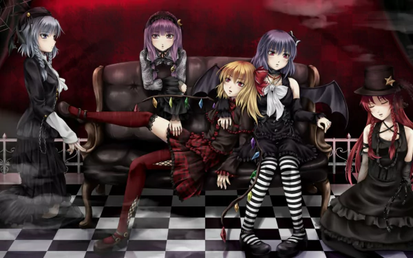 HD anime wallpaper featuring gothic-styled Touhou characters Remilia Scarlet, Patchouli Knowledge, Sakuya Izayoi, Hong Meiling, and Flandre Scarlet in a dark, elegant setting.