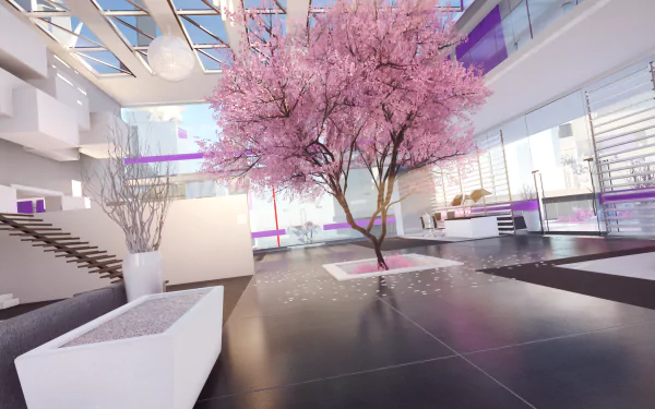 HD PC desktop wallpaper showcasing a bright, modern interior with a blooming pink tree, inspired by the video game Mirror's Edge Catalyst.