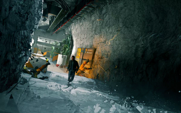 Video game Quantum Break 4K Ultra HD PC desktop wallpaper/background: lone figure walks through a time-shattered interior with a jagged chasm, floating debris and glowing panels.