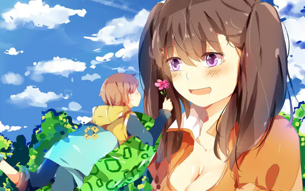 HD desktop wallpaper featuring Diane with giant, purple eyes and brown hair, smiling and blushing, holding a flower, with King in the background against a bright, cloud-filled sky from The Seven Deadly Sins anime.