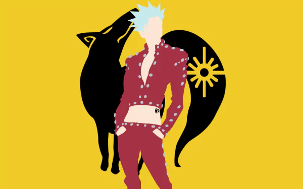 HD desktop wallpaper of Ban from The Seven Deadly Sins anime, featuring a minimalist design with Ban's grey hair, red studded outfit, and tattoo, set against a yellow background with a black wolf silhouette.