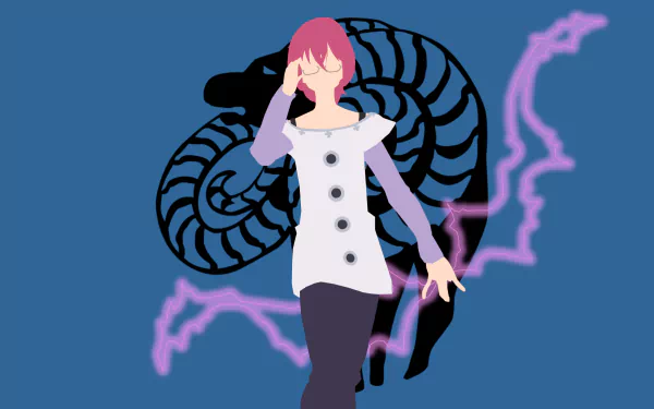 Minimalist HD desktop wallpaper of Gowther from The Seven Deadly Sins, featuring pink hair and glasses against a blue background with a stylized ram and electric sparks.
