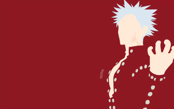 Minimalist HD desktop wallpaper featuring Ban from The Seven Deadly Sins anime with white hair and a scar, set against a rich red background.