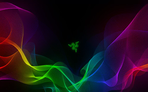 HD desktop wallpaper featuring the Razer logo centered on a black background with vibrant, flowing RGB waves emanating from the lower edges.
