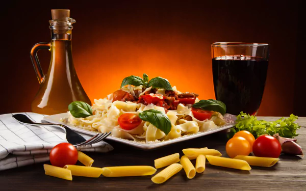 A 4K Ultra HD still life of a pasta meal garnished with basil and cherry tomatoes, accompanied by a glass of red wine and a bottle of olive oil on a wooden table.